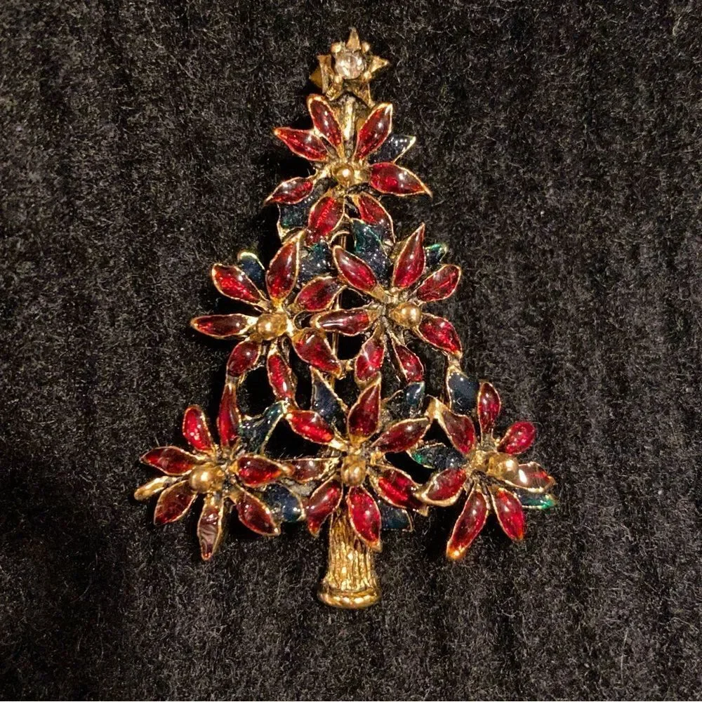 Christmas Poinsettia Tree Pin Brooch LIA Enamel - Picture 2 of 4